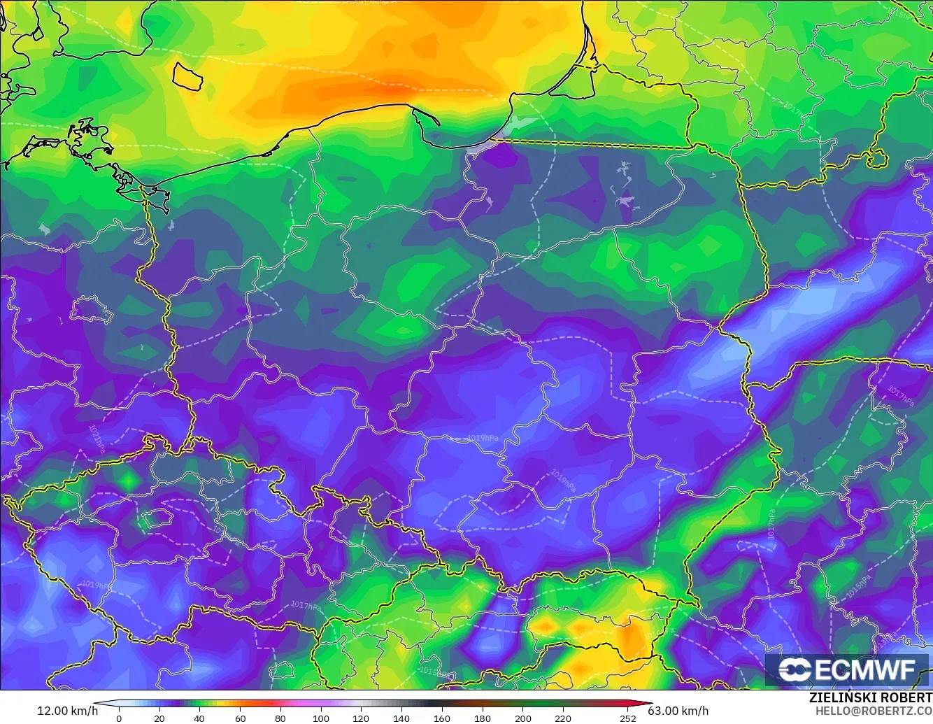 ECMWF IFS 0.25° modelo - Polonia, Ráfagas de viento