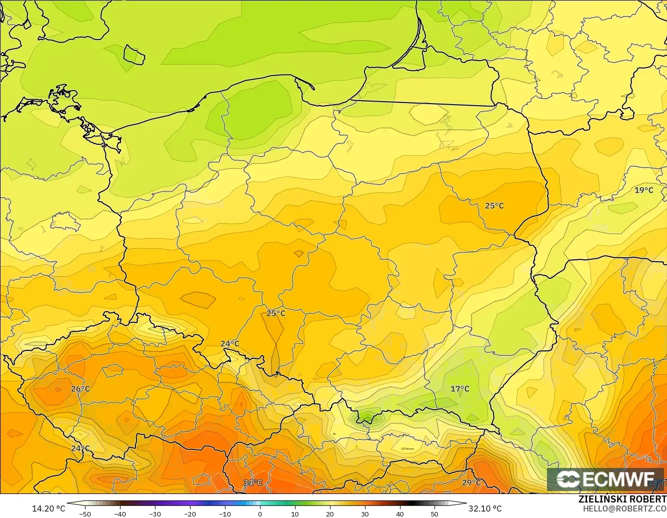 ECMWF IFS 0.25° modelo - Polonia, Temperatura a 2 m
