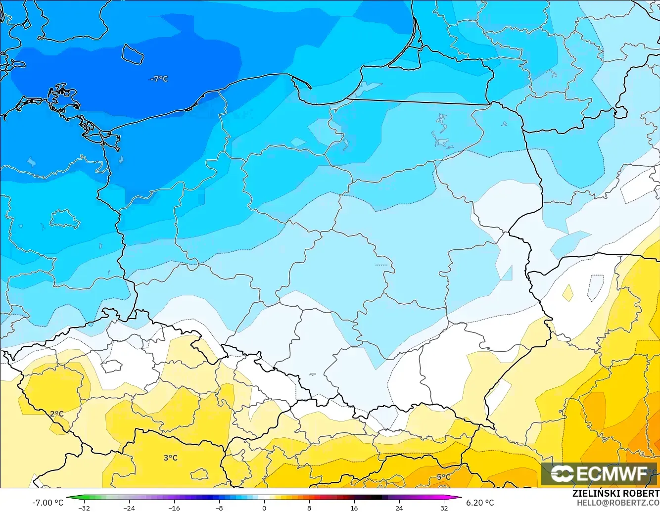 ECMWF IFS 0.25° modelo - Polonia, Anomalía de temperatura a 850 hPa