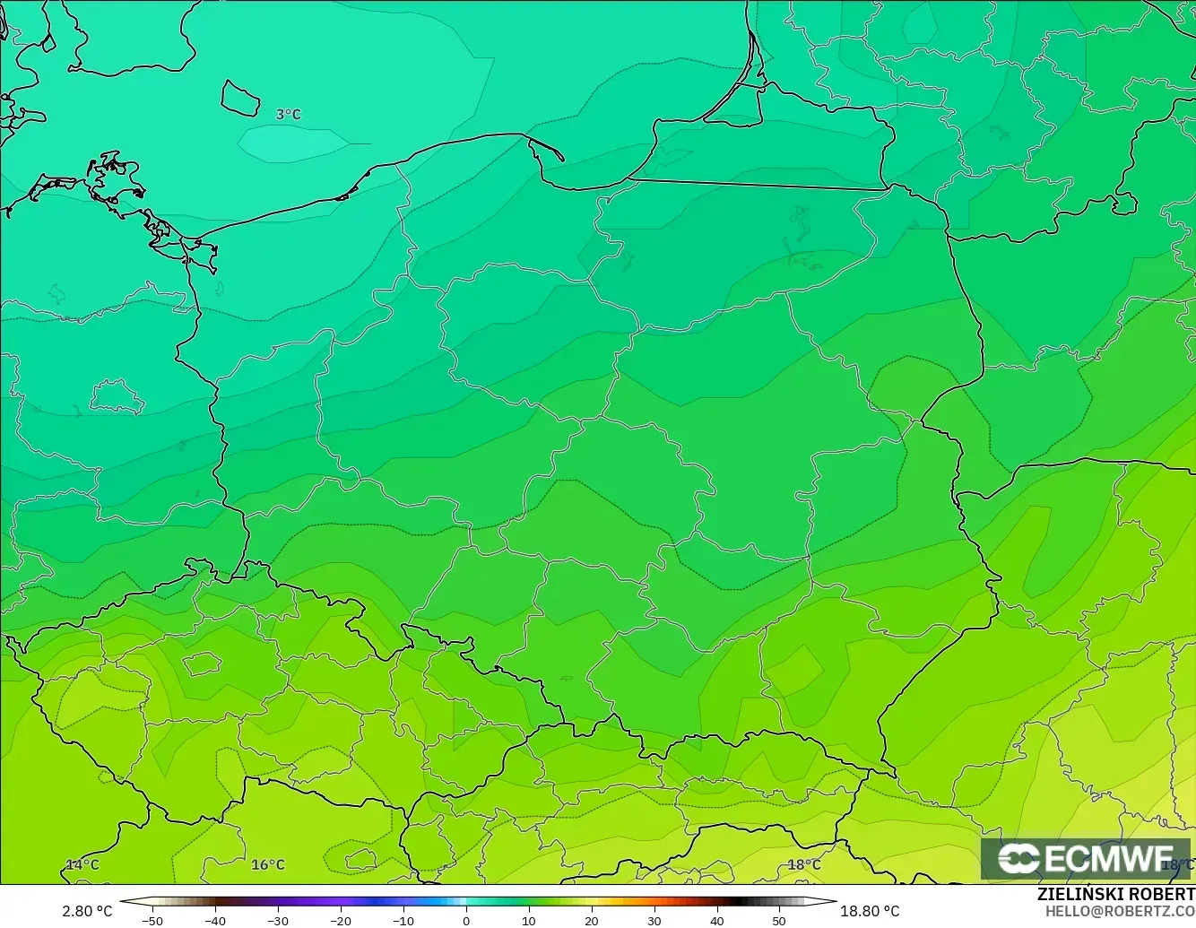 ECMWF IFS 0.25° modelo - Polonia, Temperatura a 850 hPa