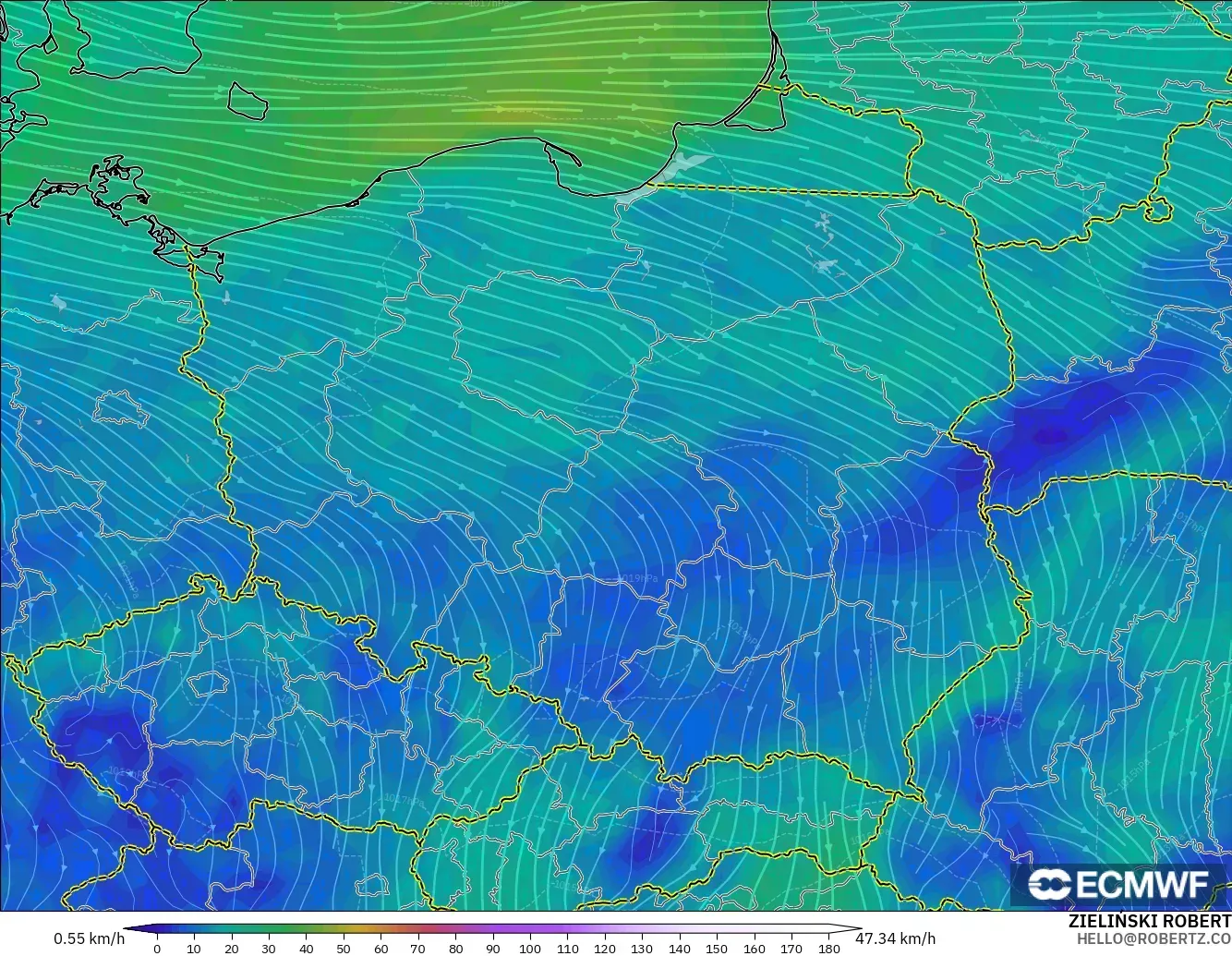 ECMWF IFS 0.25° modelo - Polonia, Viento a 10 m