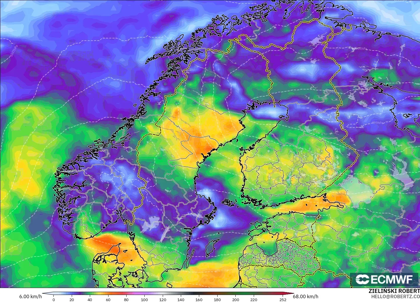 ECMWF IFS 0.25° modelo - Escandinavia, Ráfagas de Viento Máximas