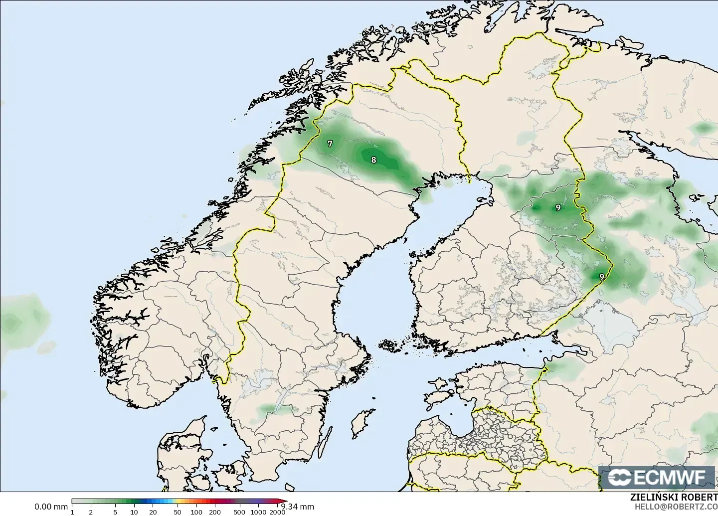 ECMWF IFS 0.25° modelo - Escandinavia, Acumulación de precipitación