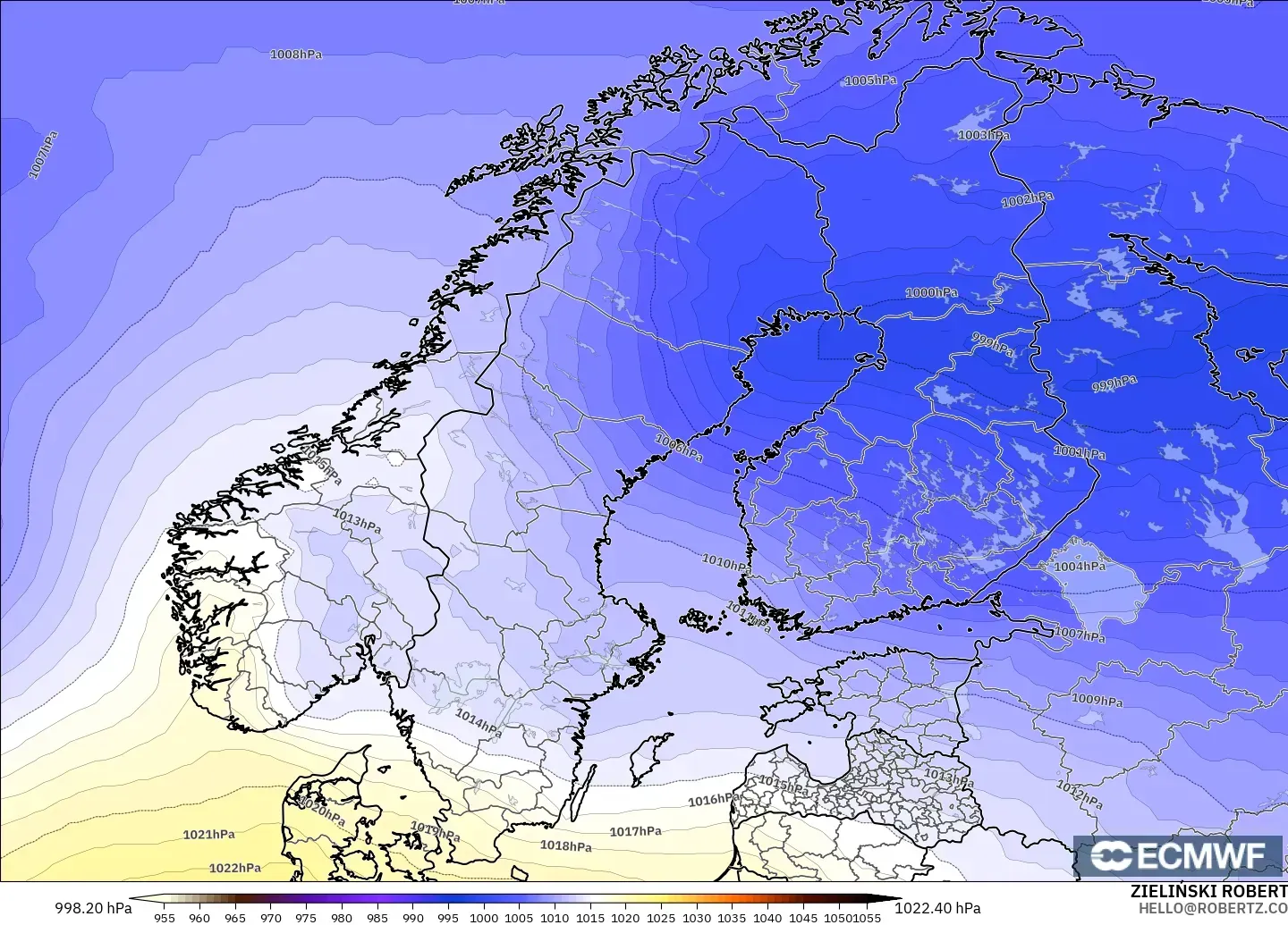 ECMWF IFS 0.25° modelo - Escandinavia, Presión