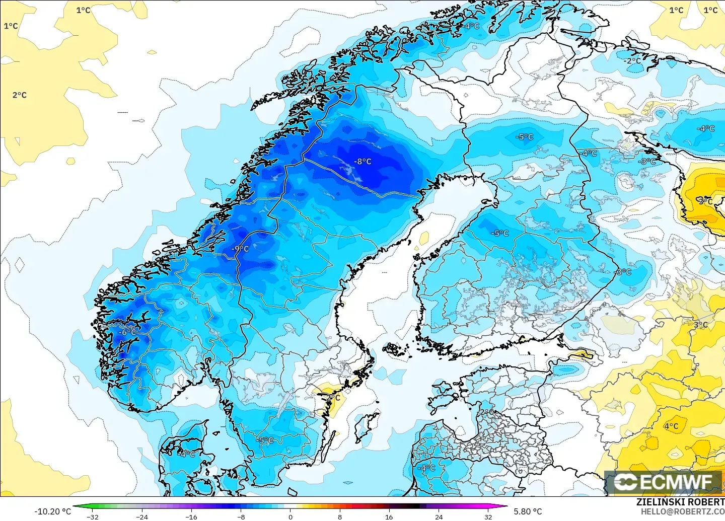ECMWF IFS 0.25° modelo - Escandinavia, Anomalía de temperatura a 2 m
