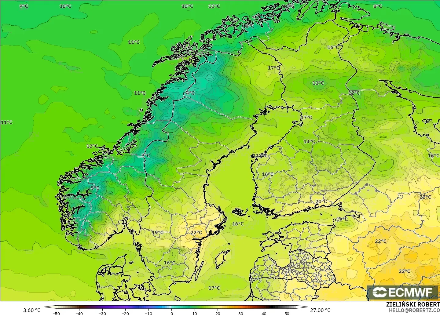 ECMWF IFS 0.25° modelo - Escandinavia, Temperatura a 2 m