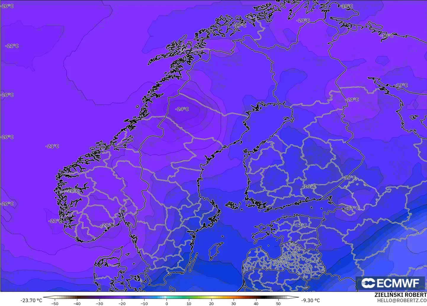ECMWF IFS 0.25° modelo - Escandinavia, Temperatura a 500 hPa