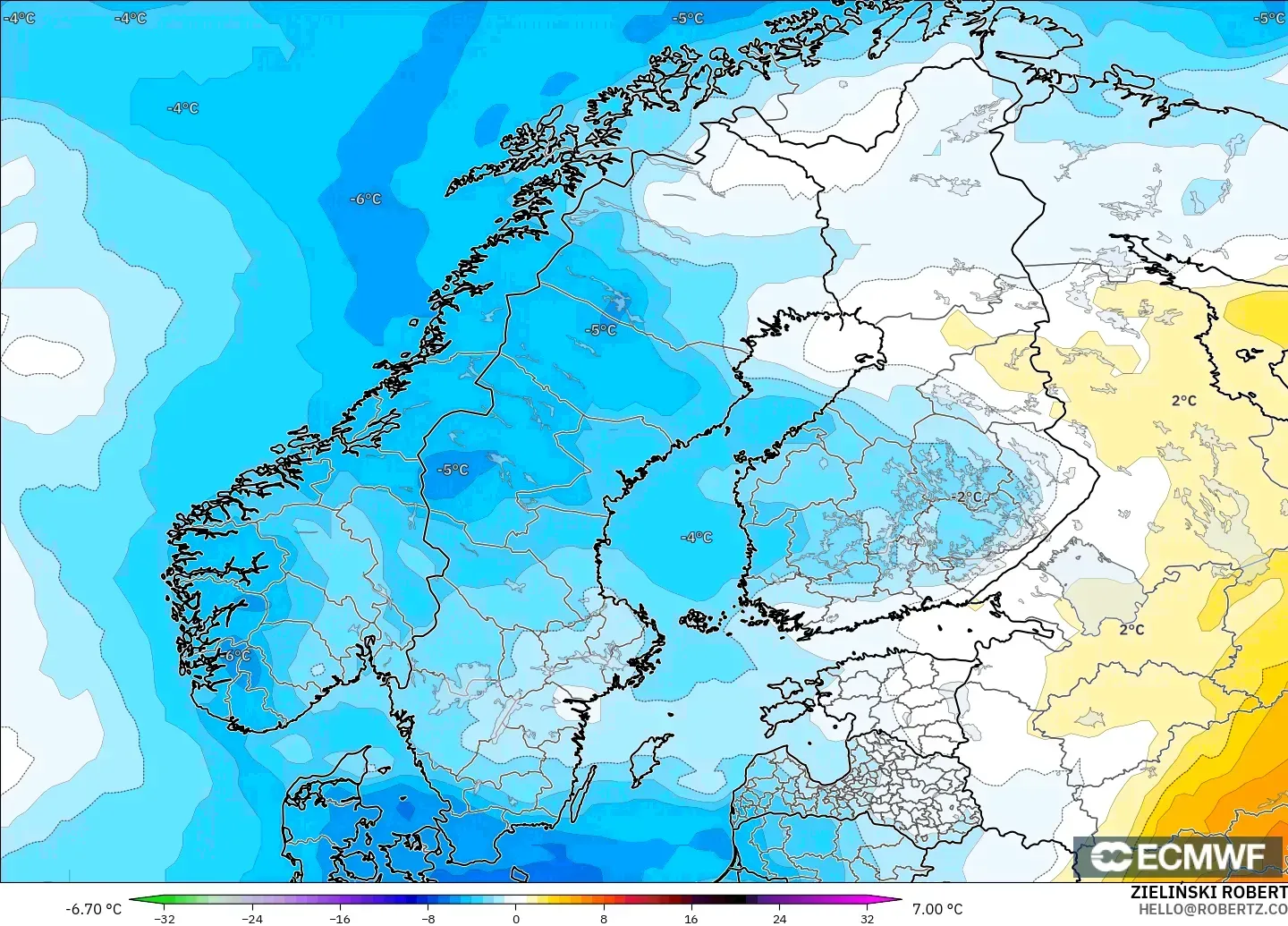 ECMWF IFS 0.25° modelo - Escandinavia, Anomalía de temperatura a 850 hPa