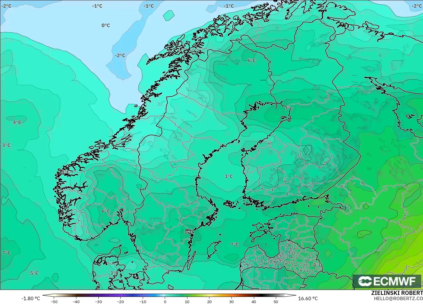 ECMWF IFS 0.25° modelo - Escandinavia, Temperatura a 850 hPa