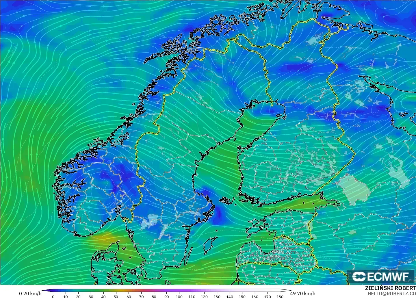 ECMWF IFS 0.25° modelo - Escandinavia, Viento a 10 m