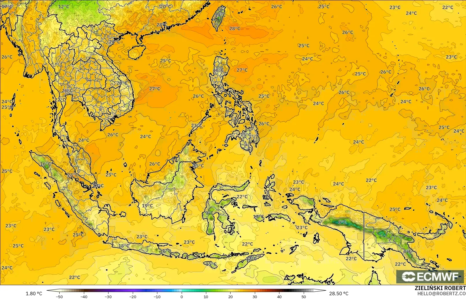 ECMWF IFS 0.25° modelo - Sudeste Asiático, Punto de rocío a 2 m
