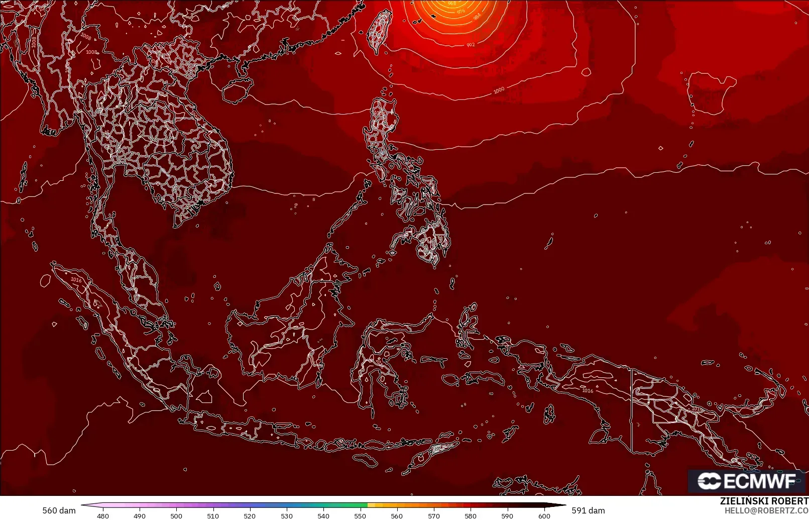 ECMWF IFS 0.25° modelo - Sudeste Asiático, Altura geopotencial a 500 hPa