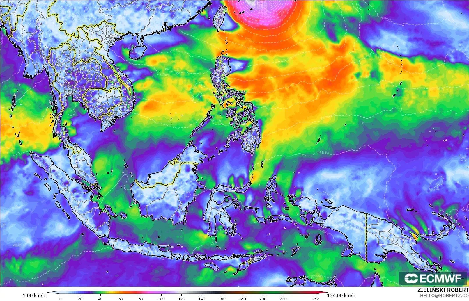 ECMWF IFS 0.25° modelo - Sudeste Asiático, Ráfagas de Viento Máximas