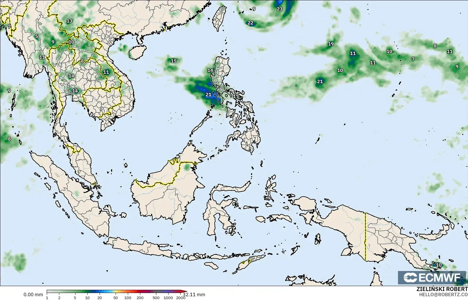 ECMWF IFS 0.25° modelo - Sudeste Asiático, Acumulación de precipitación