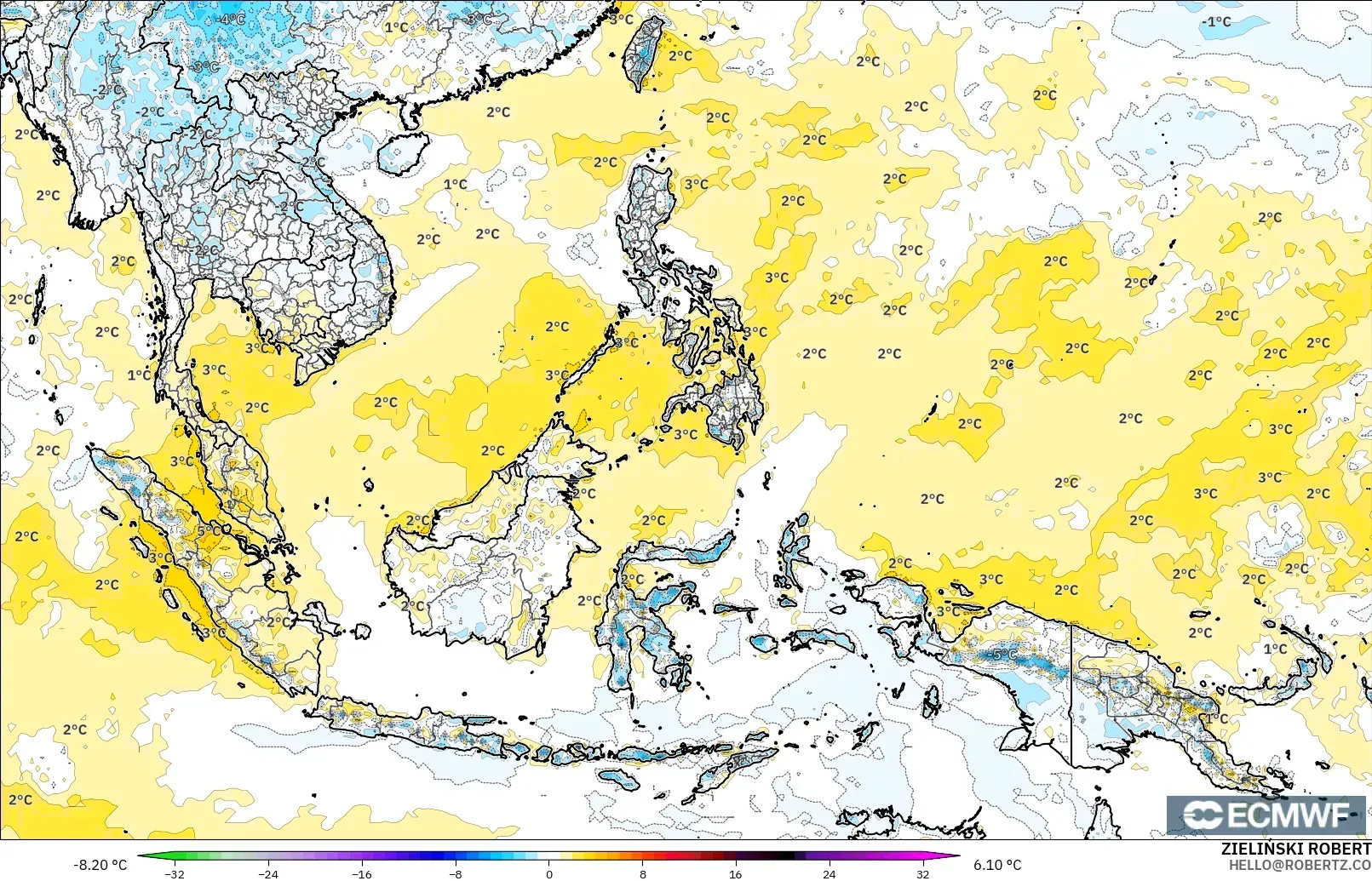 ECMWF IFS 0.25° modelo - Sudeste Asiático, Anomalía de temperatura a 2 m