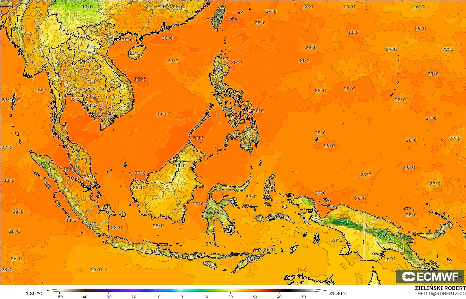 ECMWF IFS 0.25° modelo - Sudeste Asiático, Temperatura a 2 m