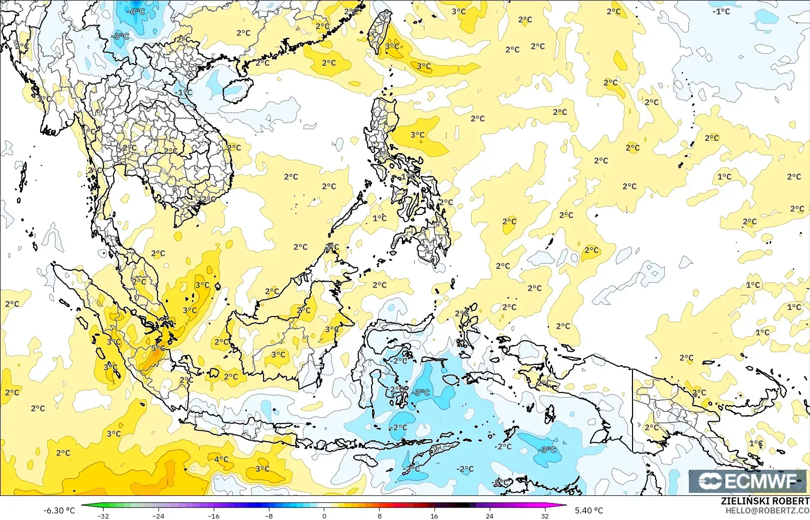 ECMWF IFS 0.25° modelo - Sudeste Asiático, Anomalía de temperatura a 850 hPa