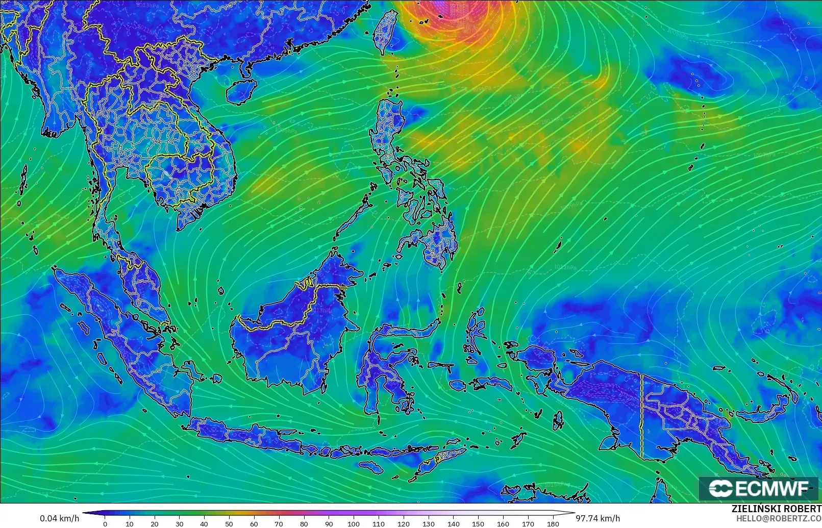 ECMWF IFS 0.25° modelo - Sudeste Asiático, Viento a 10 m