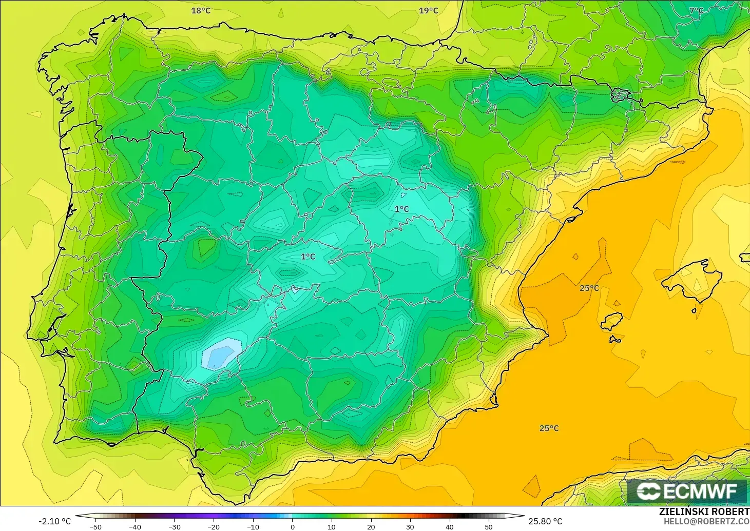 ECMWF IFS 0.25° modelo - España, Punto de rocío a 2 m