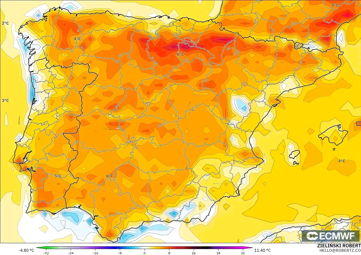 ECMWF IFS 0.25° modelo - España, Anomalía de temperatura a 2 m