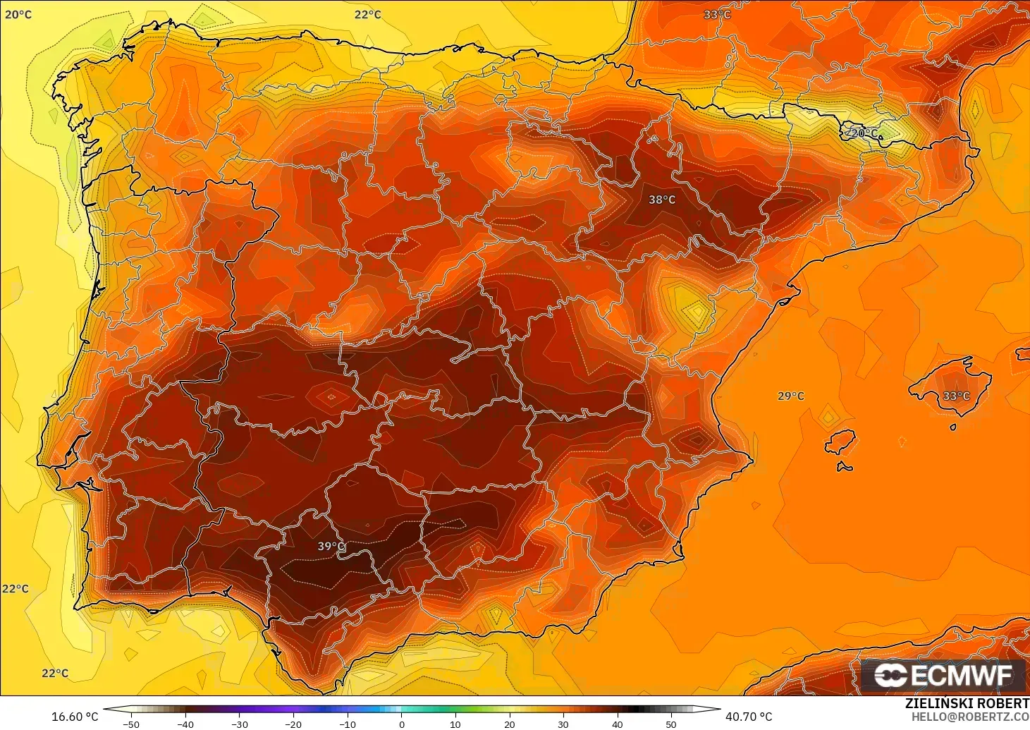 ECMWF IFS 0.25° modelo - España, Temperatura a 2 m