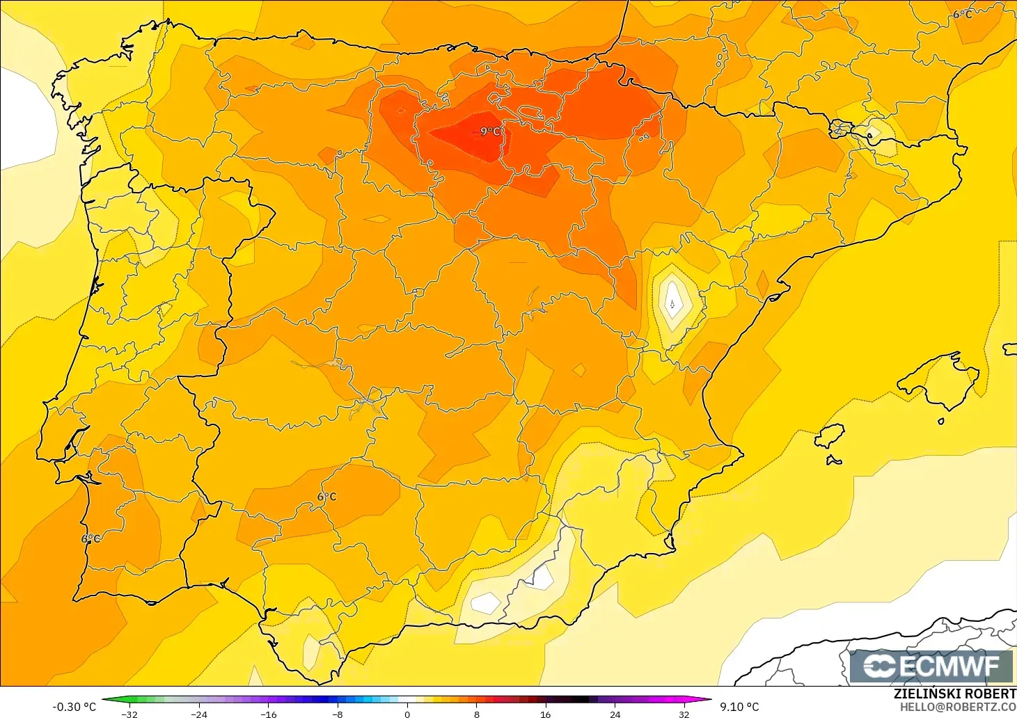 ECMWF IFS 0.25° modelo - España, Anomalía de temperatura a 850 hPa