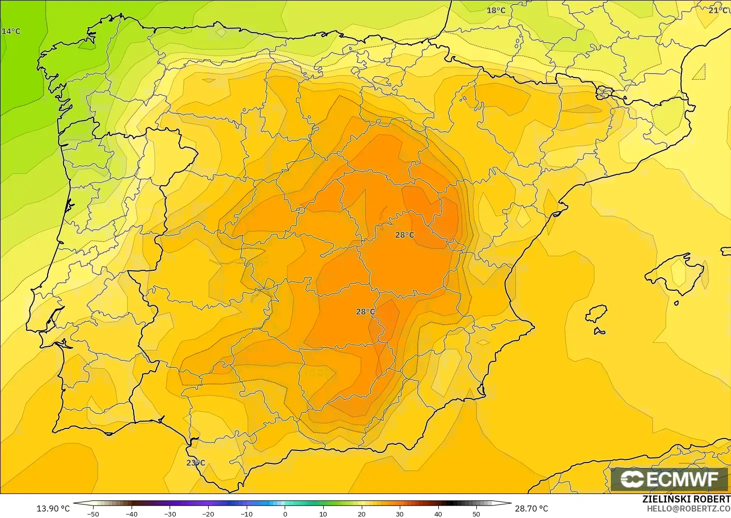 ECMWF IFS 0.25° modelo - España, Temperatura a 850 hPa