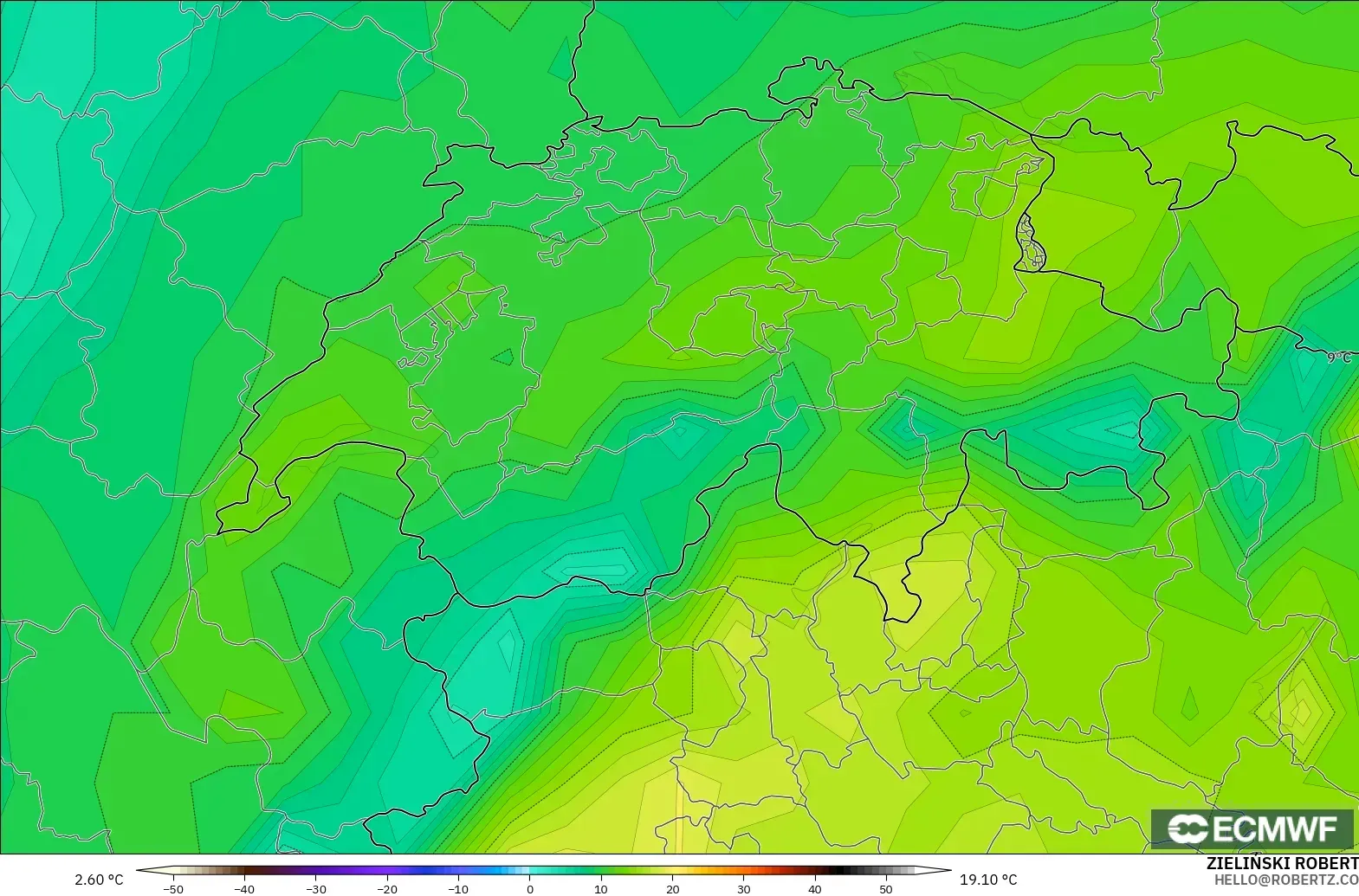 ECMWF IFS 0.25° modelo - Suiza, Punto de rocío a 2 m