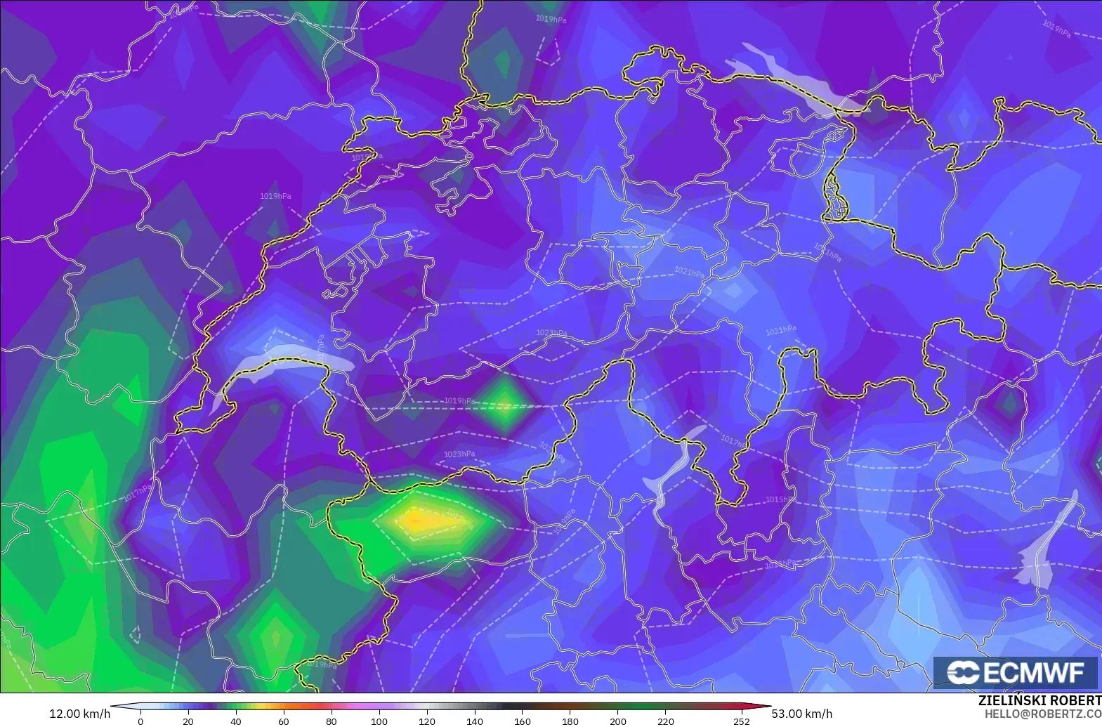 ECMWF IFS 0.25° modelo - Suiza, Ráfagas de viento