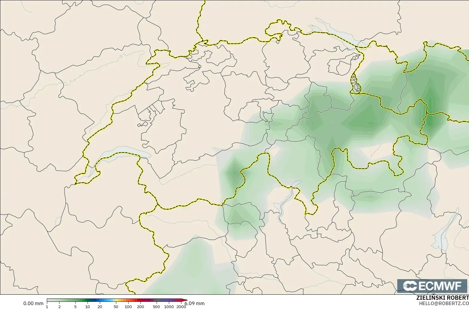 ECMWF IFS 0.25° modelo - Suiza, Acumulación de precipitación