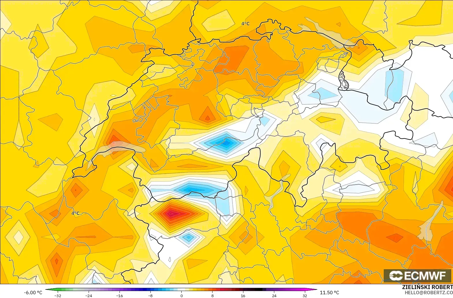 ECMWF IFS 0.25° modelo - Suiza, Anomalía de temperatura a 2 m