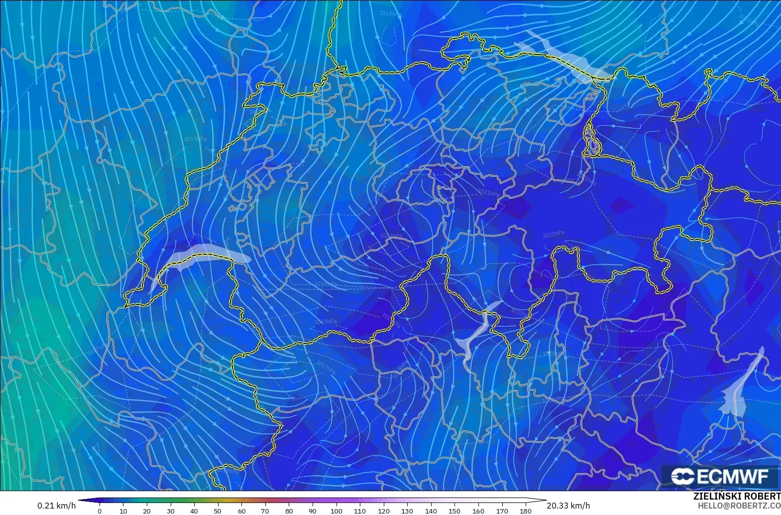 ECMWF IFS 0.25° modelo - Suiza, Viento a 10 m