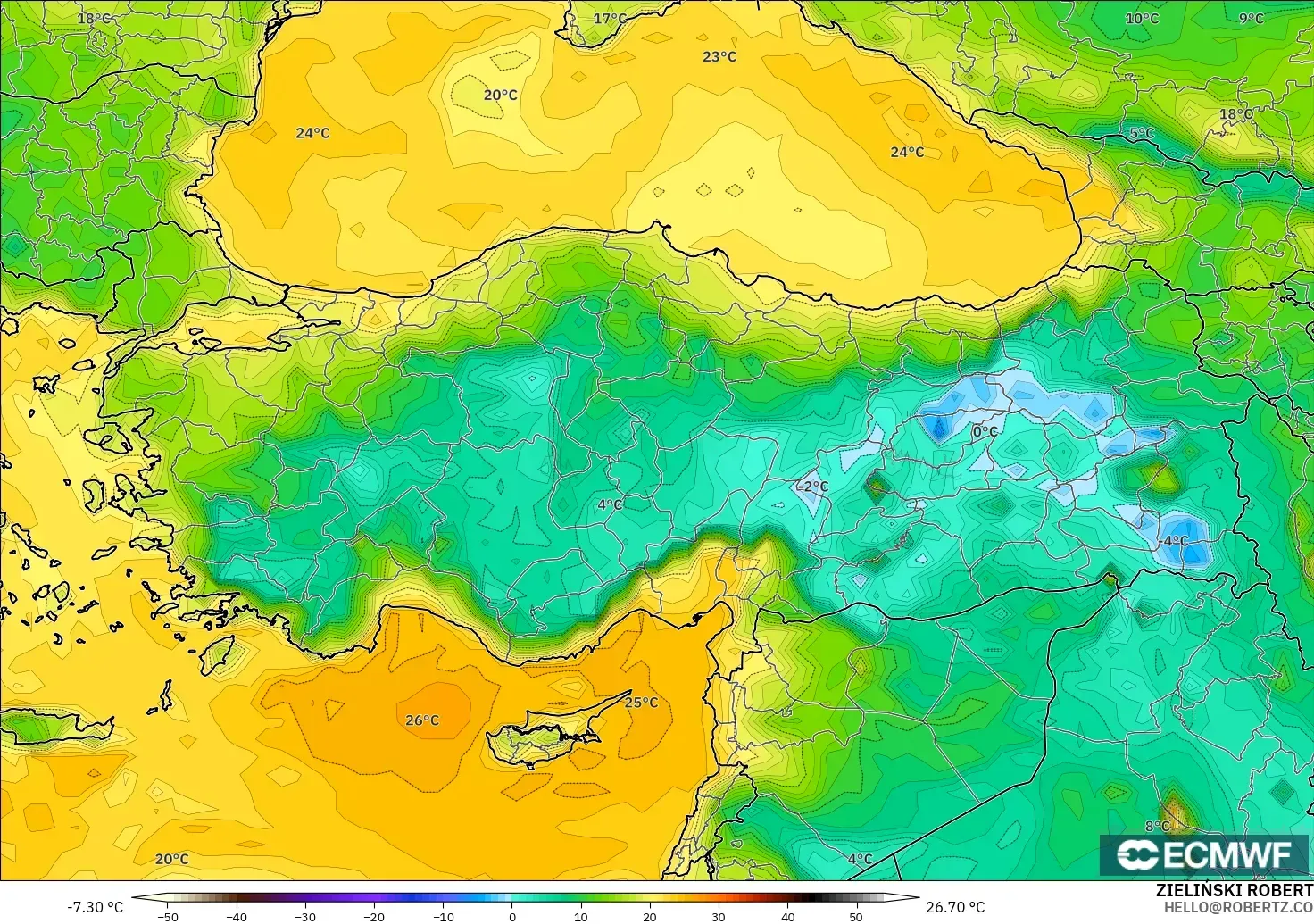 ECMWF IFS 0.25° modelo - Turquía, Punto de rocío a 2 m