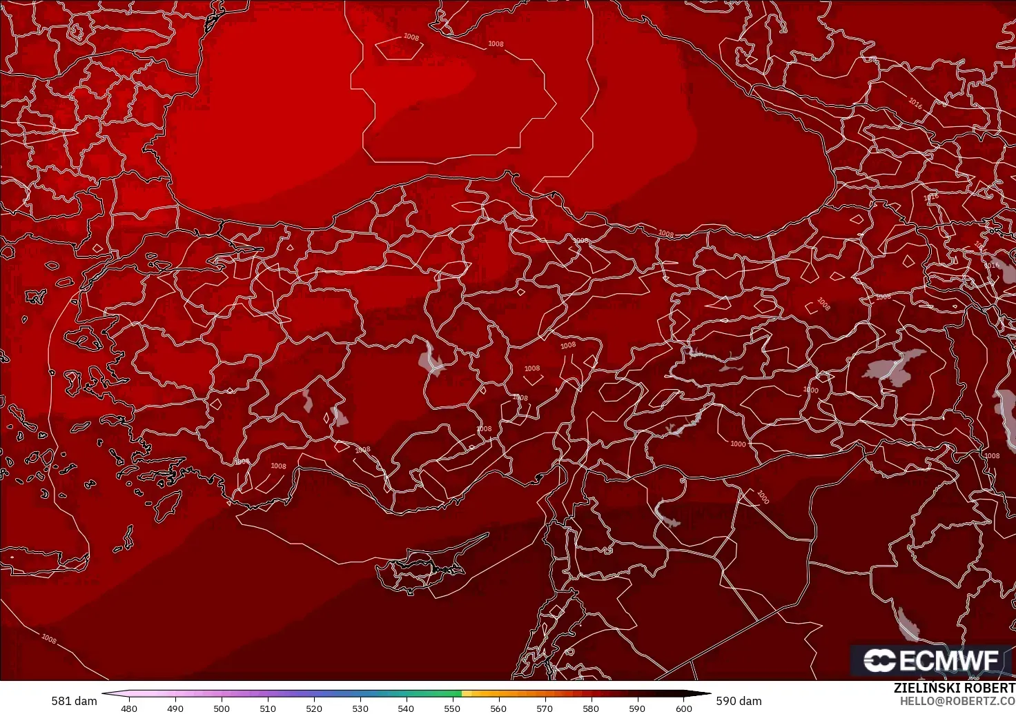 ECMWF IFS 0.25° modelo - Turquía, Altura geopotencial a 500 hPa