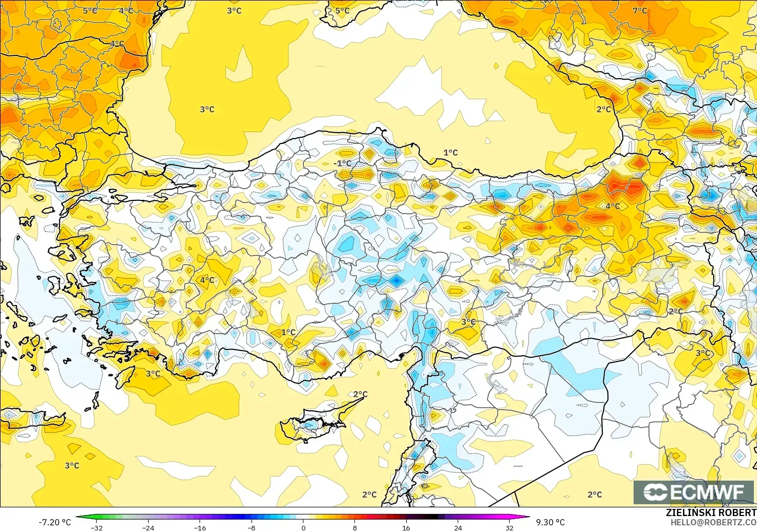 ECMWF IFS 0.25° modelo - Turquía, Anomalía de temperatura a 2 m