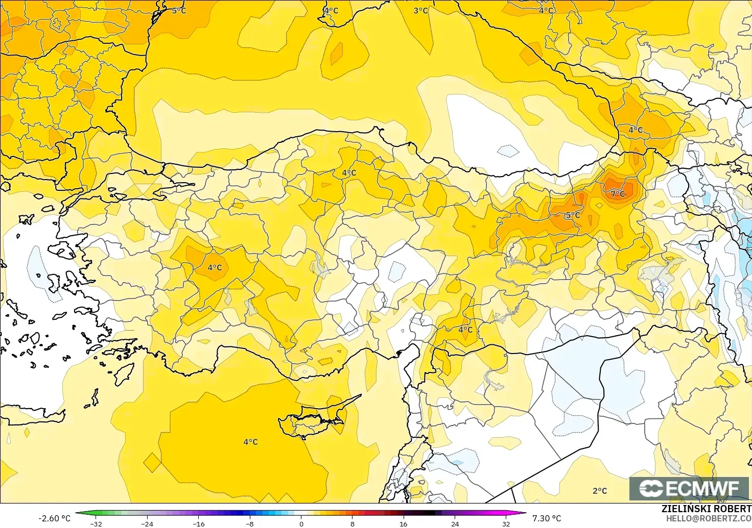 ECMWF IFS 0.25° modelo - Turquía, Anomalía de temperatura a 850 hPa