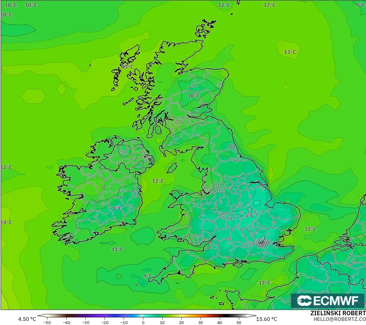 ECMWF IFS 0.25° modelo - Reino Unido, Punto de rocío a 2 m