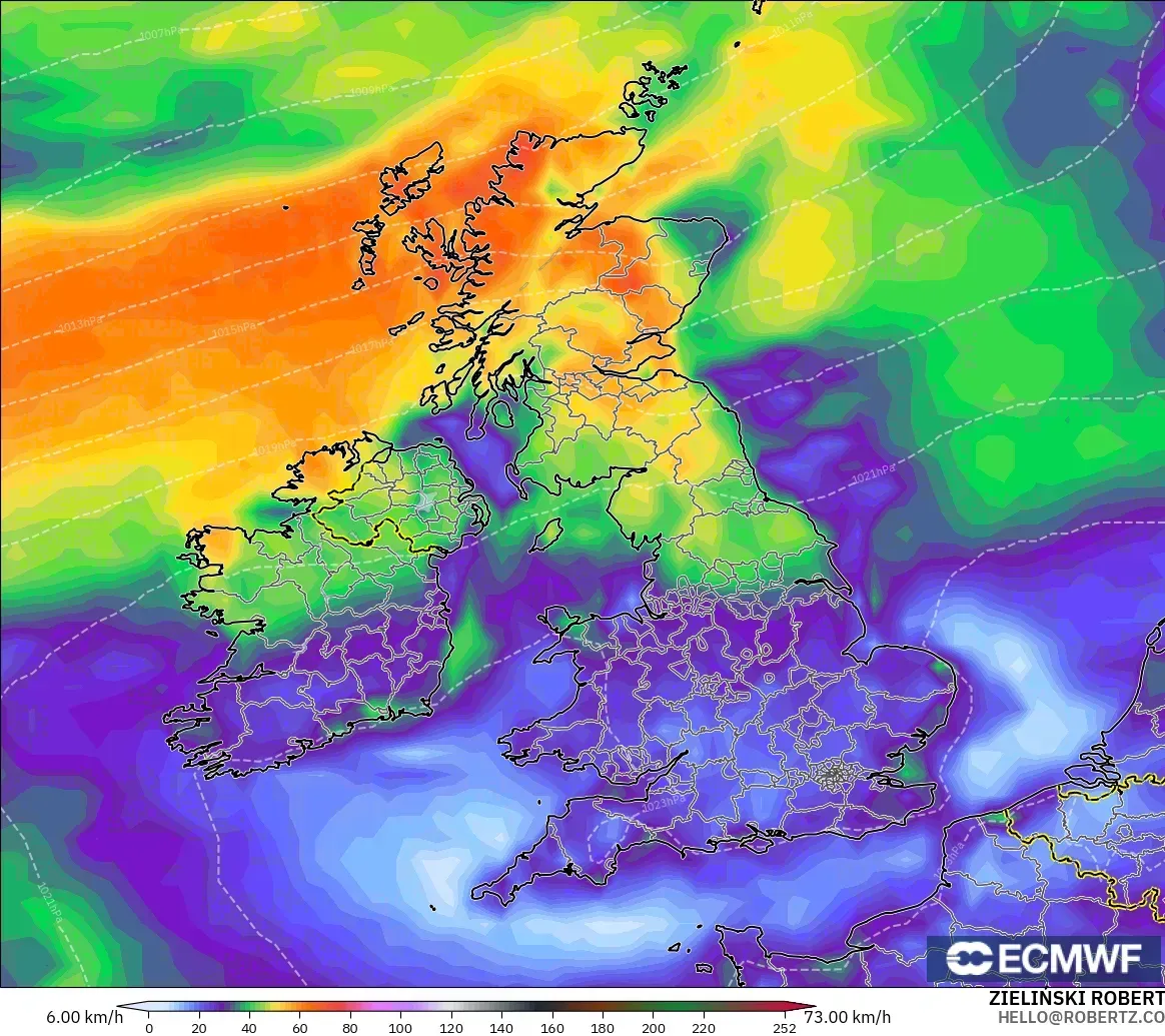 ECMWF IFS 0.25° modelo - Reino Unido, Ráfagas de Viento Máximas