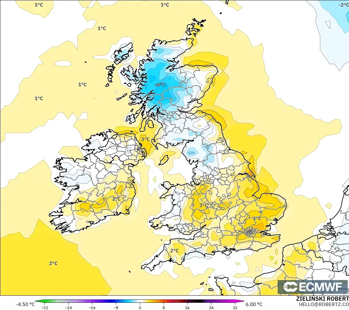 ECMWF IFS 0.25° modelo - Reino Unido, Anomalía de temperatura a 2 m