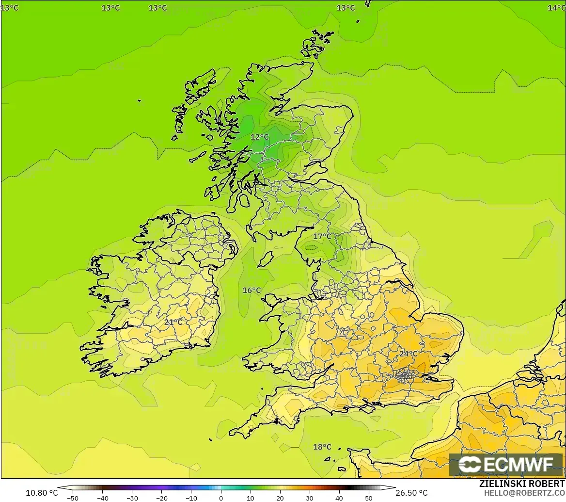ECMWF IFS 0.25° modelo - Reino Unido, Temperatura a 2 m
