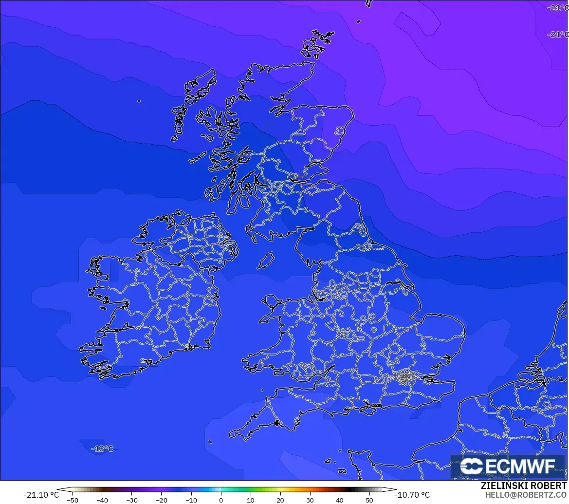 ECMWF IFS 0.25° modelo - Reino Unido, Temperatura a 500 hPa