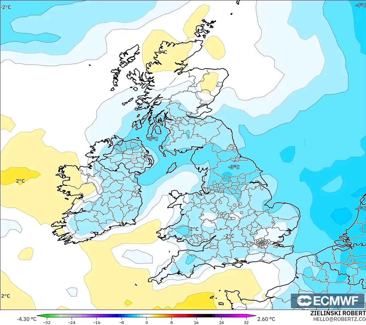 ECMWF IFS 0.25° modelo - Reino Unido, Anomalía de temperatura a 850 hPa