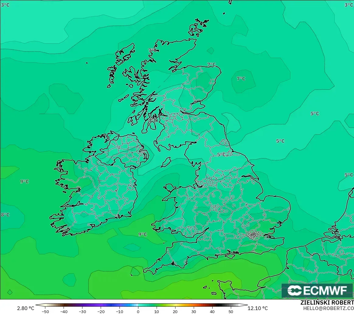 ECMWF IFS 0.25° modelo - Reino Unido, Temperatura a 850 hPa