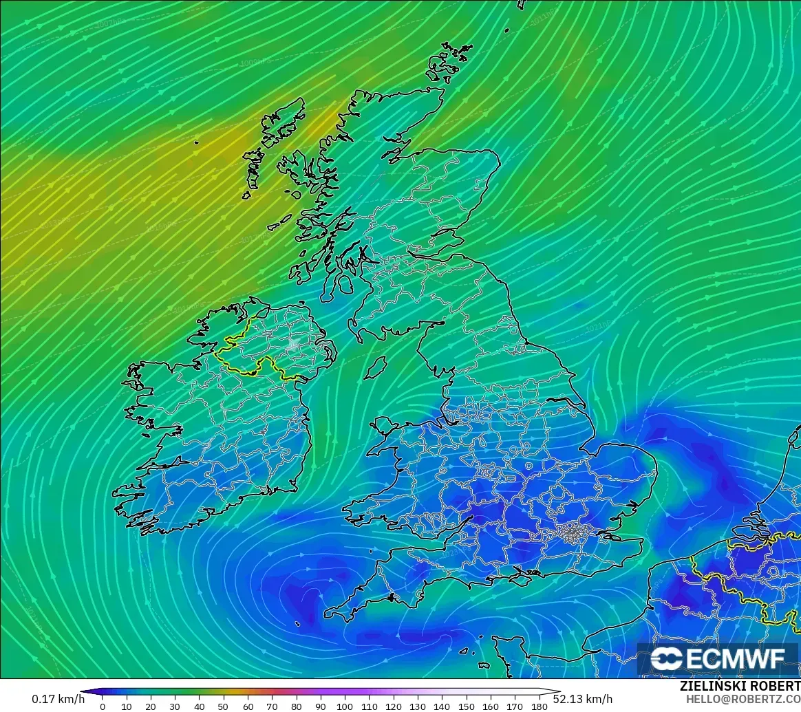 ECMWF IFS 0.25° modelo - Reino Unido, Viento a 10 m