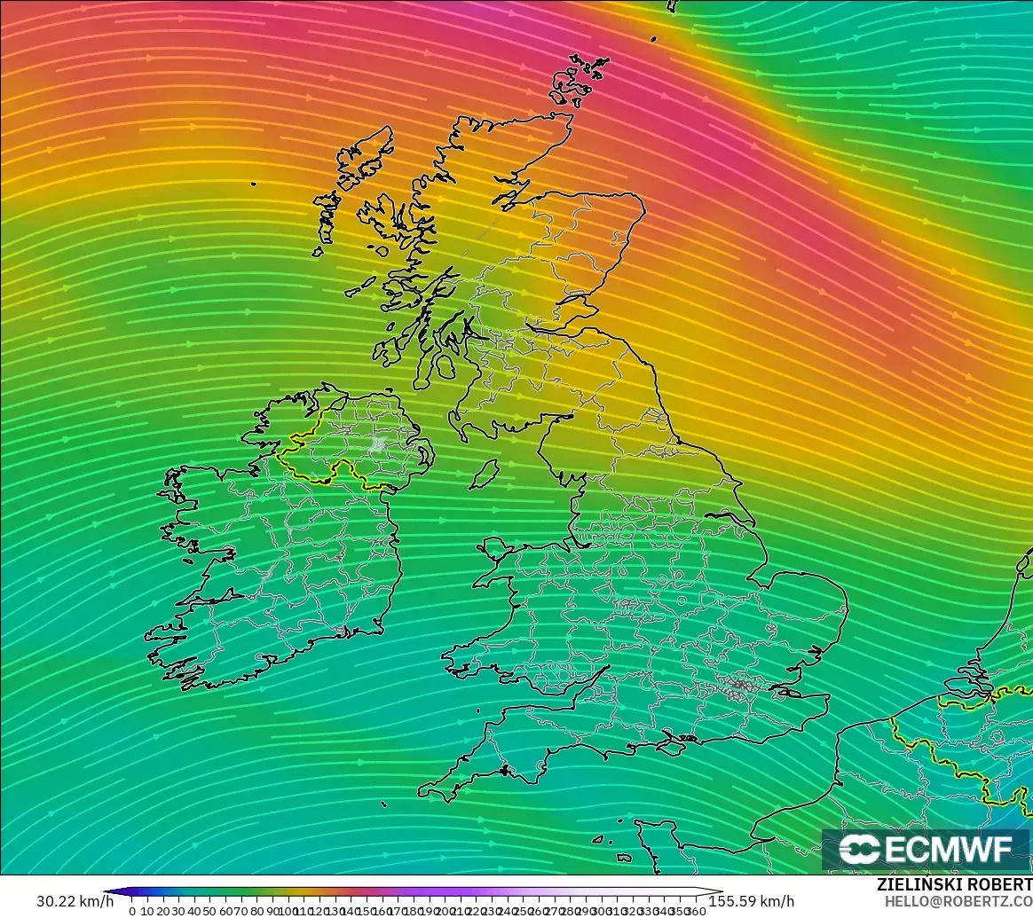 ECMWF IFS 0.25° modelo - Reino Unido, Viento a 300 hPa (corriente en chorro)