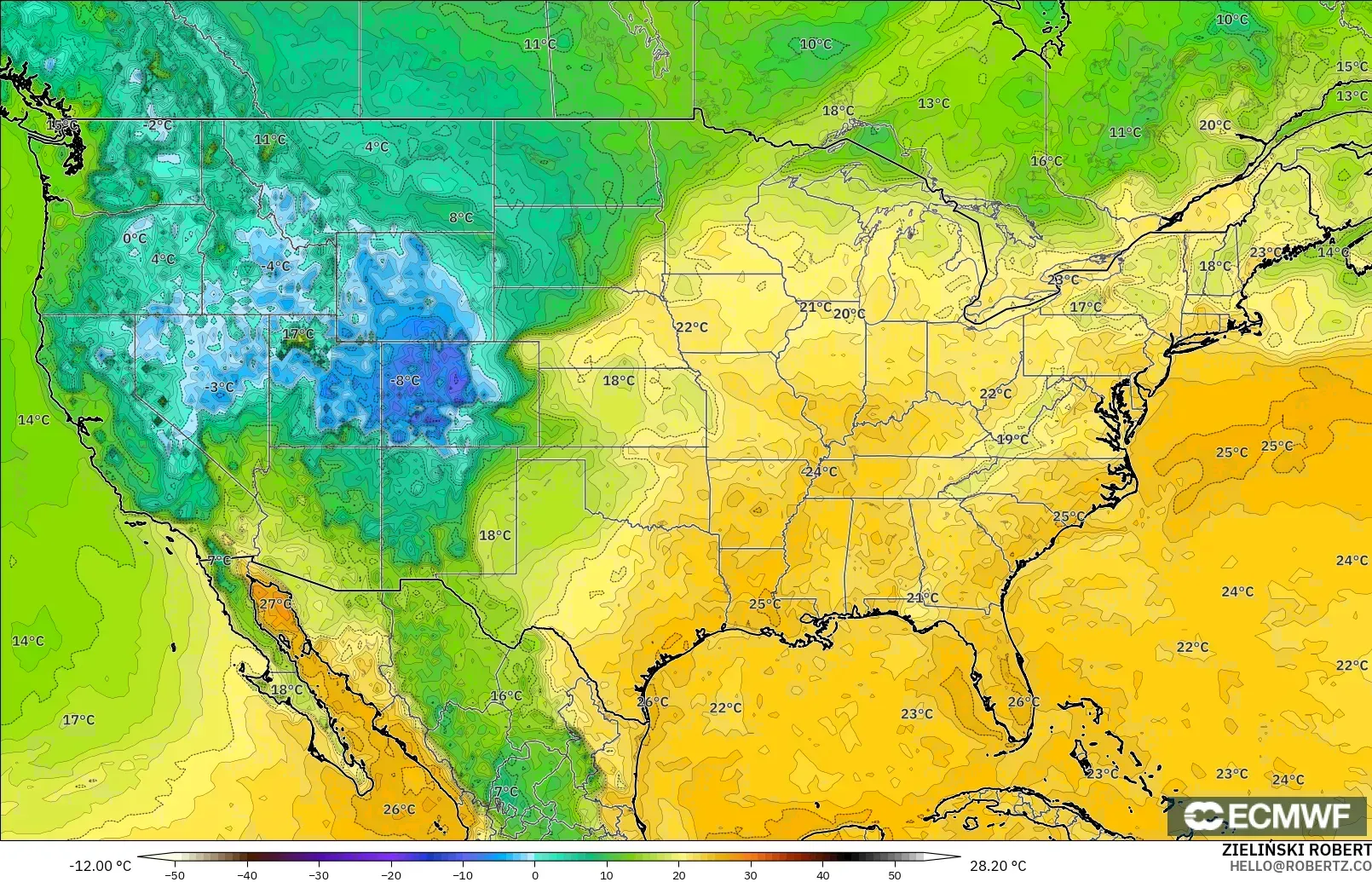 ECMWF IFS 0.25° modelo - Estados Unidos, Punto de rocío a 2 m