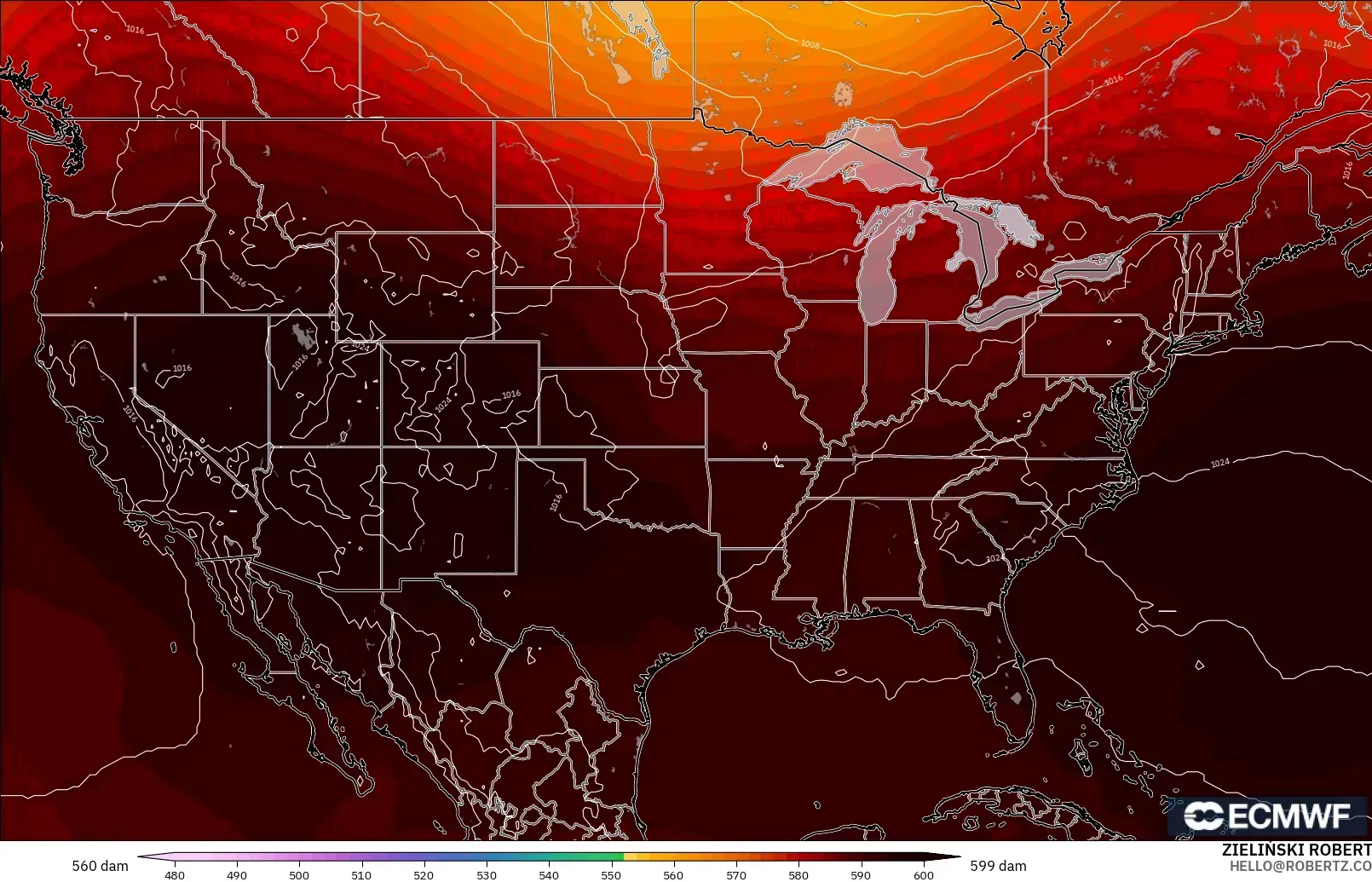 ECMWF IFS 0.25° modelo - Estados Unidos, Altura geopotencial a 500 hPa