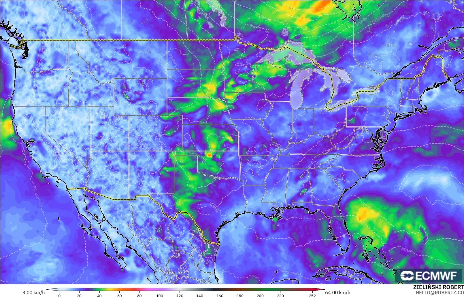 ECMWF IFS 0.25° modelo - Estados Unidos, Ráfagas de Viento Máximas