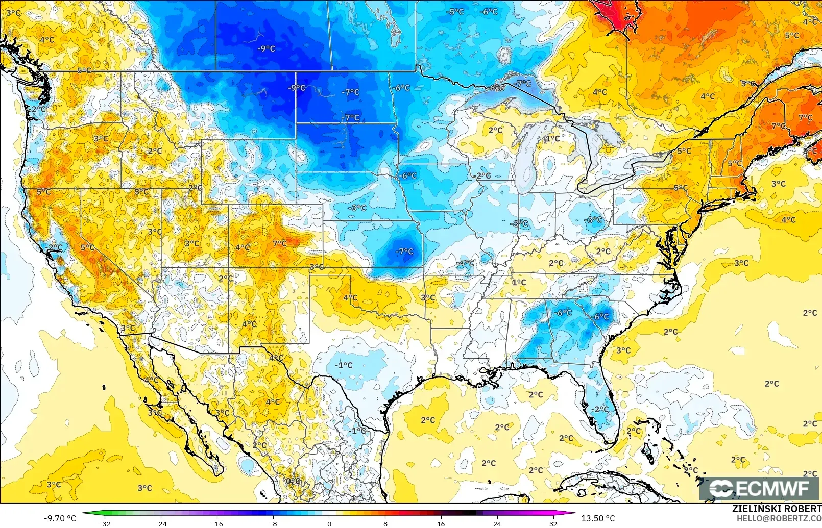 ECMWF IFS 0.25° modelo - Estados Unidos, Anomalía de temperatura a 2 m