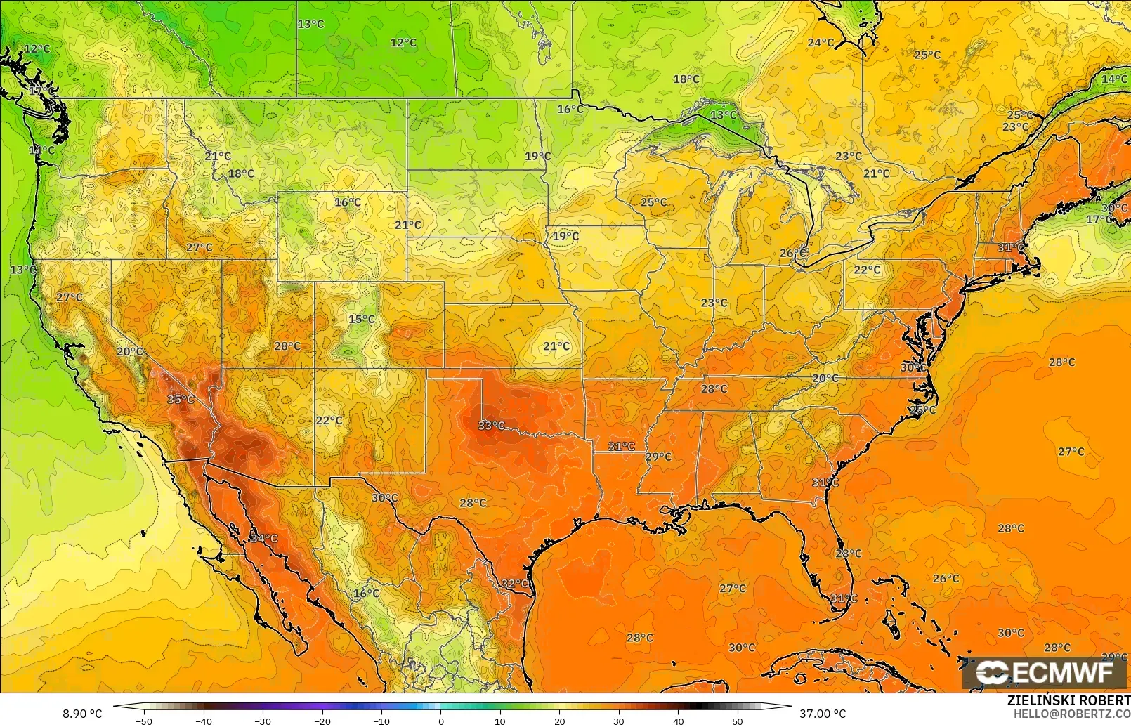 ECMWF IFS 0.25° modelo - Estados Unidos, Temperatura a 2 m